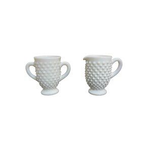 Vintage Petite Fenton Fenton Cream and Sugar Set - Milkglass - Hobnail Finish